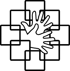 Vier Hände, die ineinandergreifen, als Linienzeichnung.